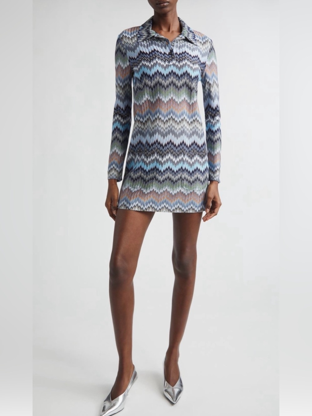 Missoni Zigzag Collared Long-Sleeve Mini Dress in Blue, Green, Brown, Gray